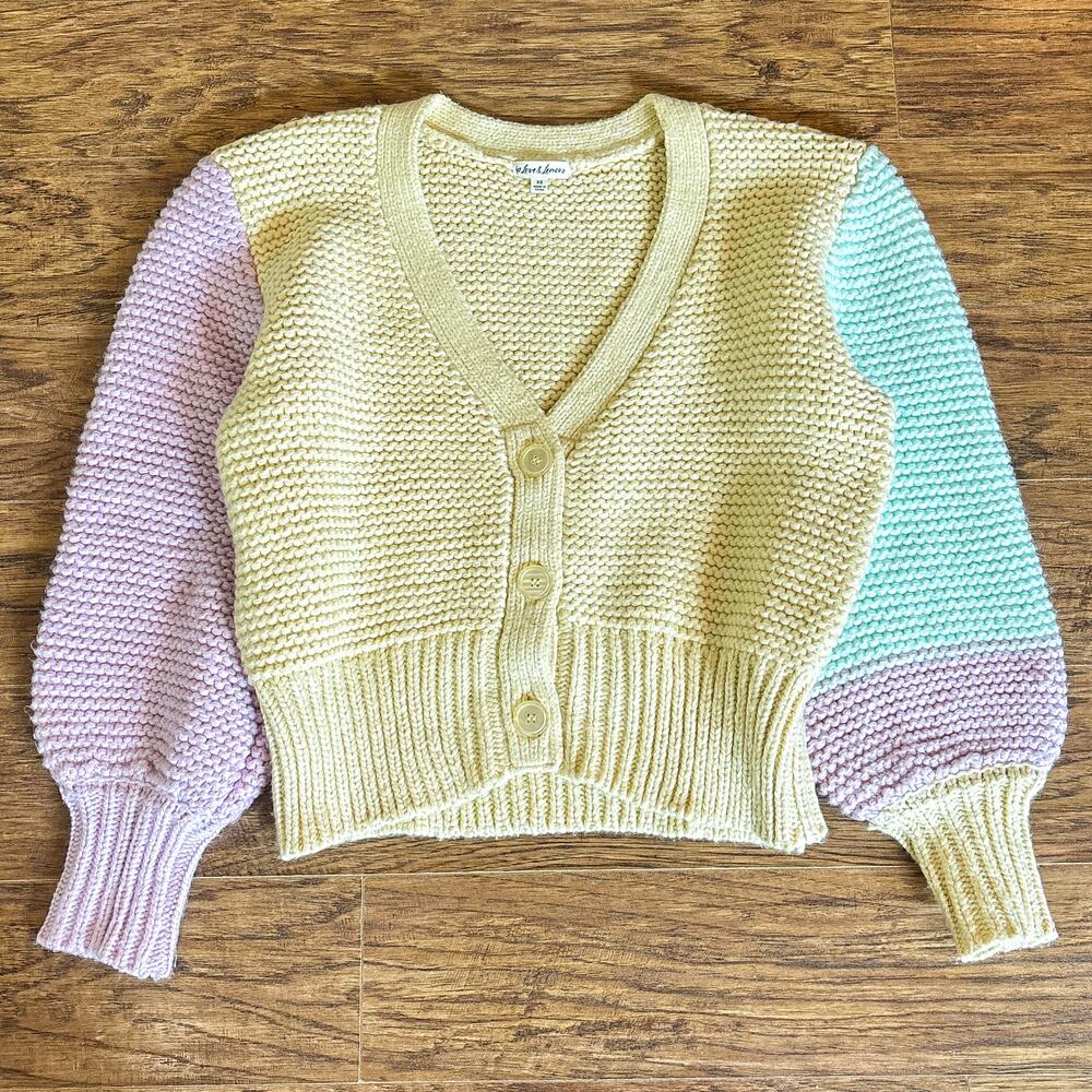 For Love & Lemons Kerry Pastel Color Block Yellow Lavender Mint Knit Cardigan XS
